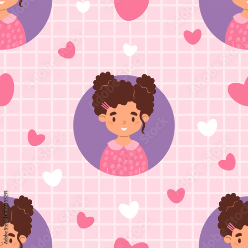Seamless pattern with cute curly girl on soft pink background with hearts. Romantic female child character. Vector illustration