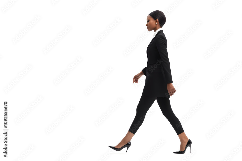 Elegant confident young woman in suit walking side view isolated on white background Elegant confident young woman in suit walking side view isolated on white background