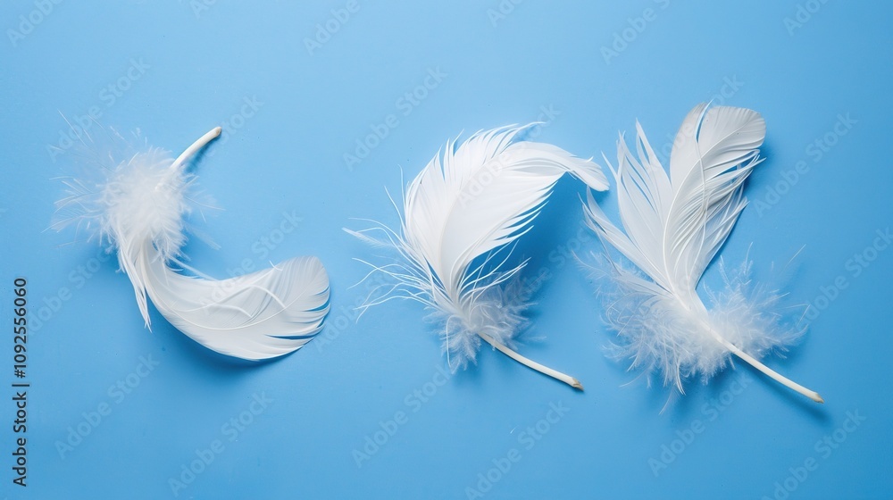 Swan Feathers on a Blue Background - a serene and elegant composition. The soft swan feathers contrast beautifully with the calming blue backdrop. Swan Feathers on a Blue Background - a serene and elegant composition. The soft swan feathers contrast beautifully with the calming blue backdrop.