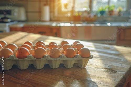 Sunlit kitchen with fresh eggs in carton photo