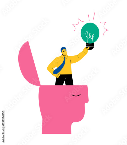 Business man find new ideas above human heads. Idea search concept. Flat vector illustration isolated on white background