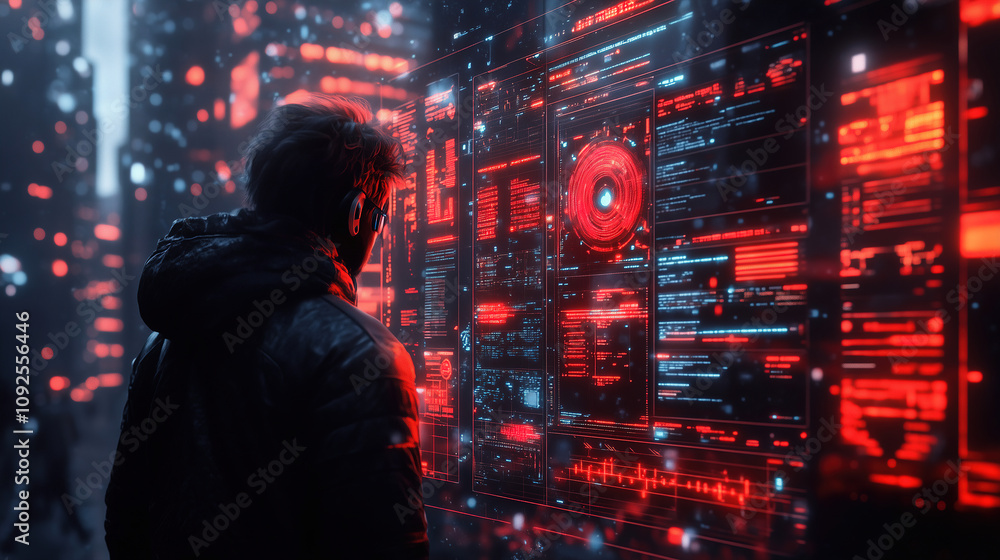 Exploring advanced technology interface in a futuristic urban environment at night. Generative AI Exploring advanced technology interface in a futuristic urban environment at night. Generative AI