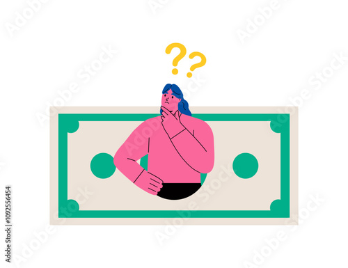 Business woman  thinking about investment. Financial choice concept. Flat vector illustration isolated on white background