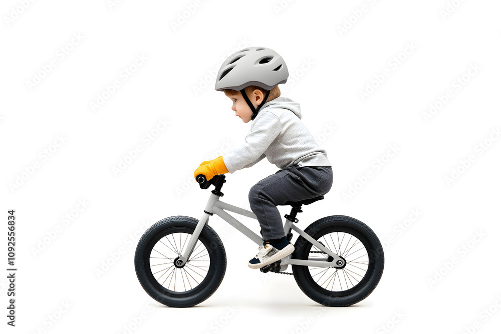 Fototapeta premium Side view little kid in helmet riding bicycle isolated on white background