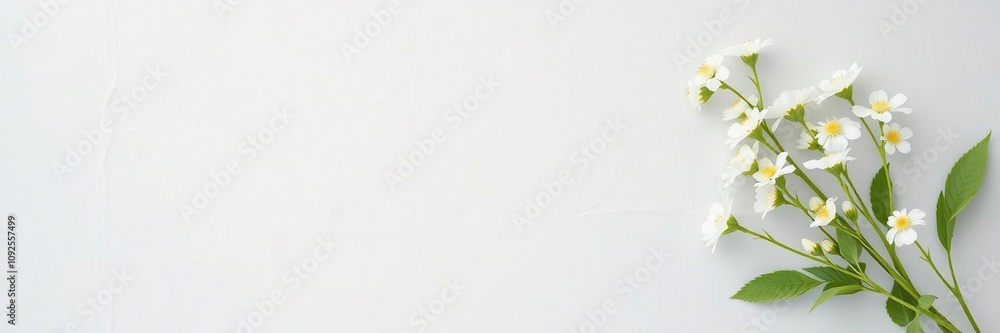Obraz premium Delicate white floral arrangement on a soft gray background, gentle curves, elegant design, soft focus