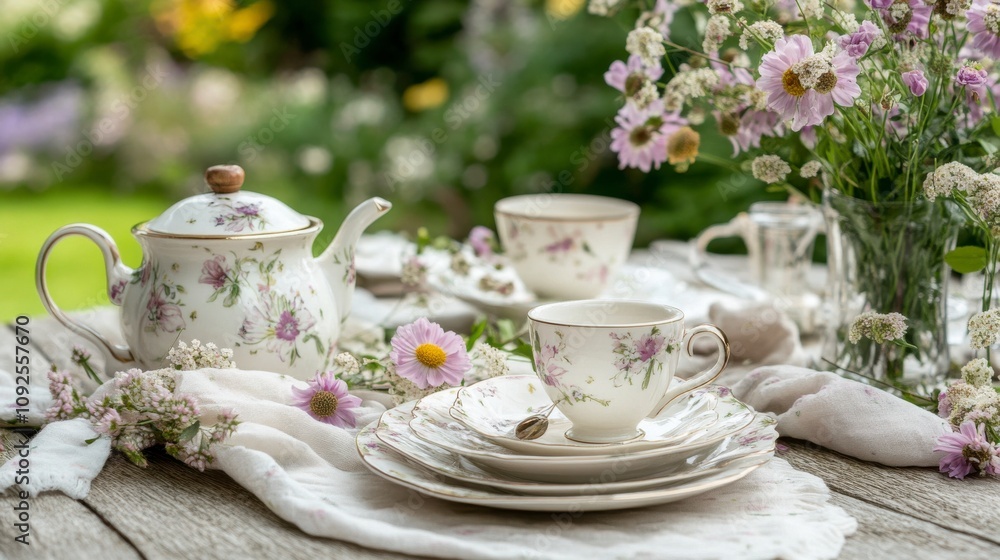 Delicate Tea Set on Garden Table in Soft Lighting Delicate Tea Set on Garden Table in Soft Lighting