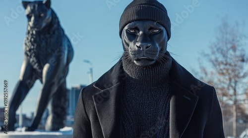 A person with a panther mask stands in front of a large panther statue in a cityscape.