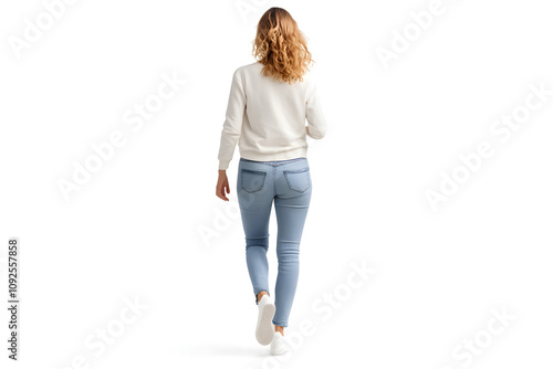 Back view of casual woman walking away from the camera