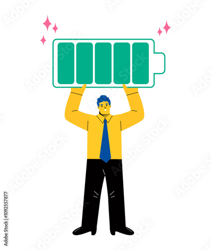 Business man carrying full rechargeable battery. Full battery recharge concept.