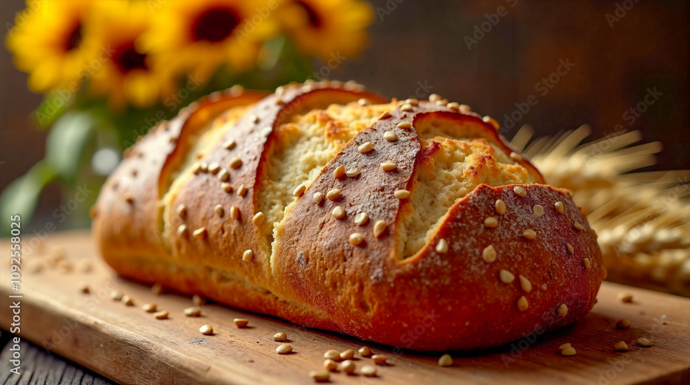 Bread with sesame seeds on a wooden board. Sunflowers in the background add a cozy vibe. Bread with sesame seeds on a wooden board. Sunflowers in the background add a cozy vibe.