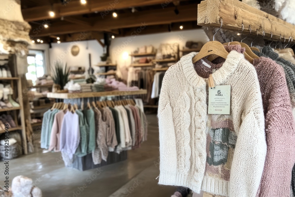 A cozy retail space showcasing sweaters and clothing in a warm, inviting atmosphere. A cozy retail space showcasing sweaters and clothing in a warm, inviting atmosphere.