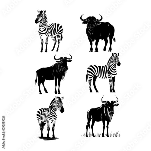 Photography Silhouettes of African wildlife including giraffes, zebras, and rhinos on a whit