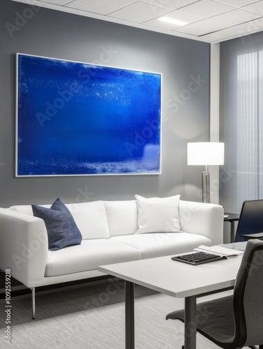 Modern Office Interior With Blue Artwork And White Sofa