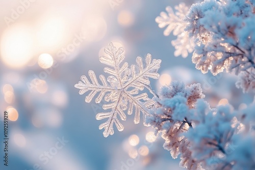 Delicate Snowflake on Frosted Branch in Winter Light