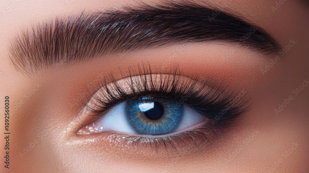 Close-up of a beautifully styled eye with long lashes and vibrant blue iris. Close-up of a beautifully styled eye with long lashes and vibrant blue iris.