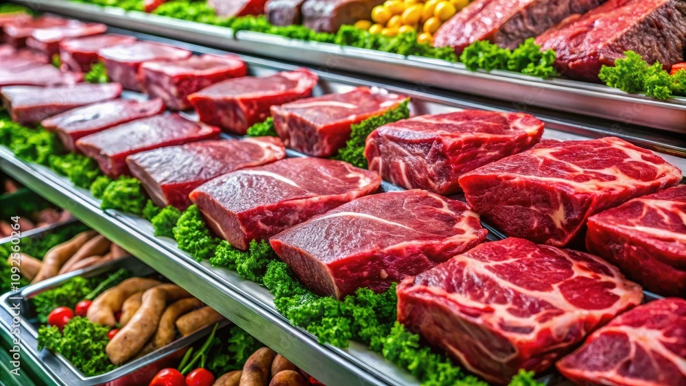 Fresh Organic Red Meat Cuts Displayed in Supermarket - Steaks, Roasts, Ground Beef, Clean Shelf, Fresh Produce, Grocery Store, Natural Food, Healthy Eating, Butcher Shop, Farm to Table, Meat Selection Fresh Organic Red Meat Cuts Displayed in Supermarket - Steaks, Roasts, Ground Beef, Clean Shelf, Fresh Produce, Grocery Store, Natural Food, Healthy Eating, Butcher Shop, Farm to Table, Meat Selection