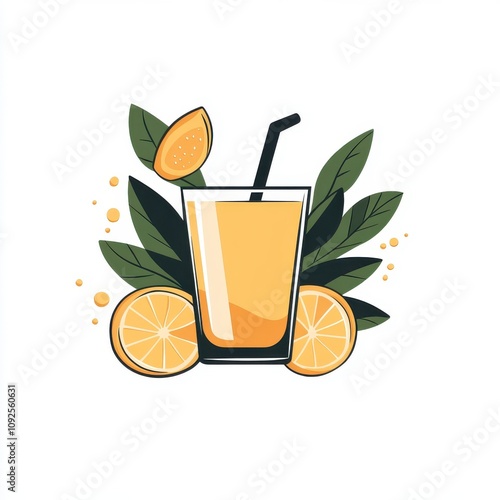 A refreshing glass of orange juice surrounded by sliced oranges and green leaves, evoking a vibrant, summery feel. photo