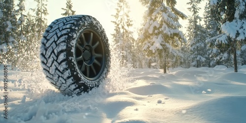 Dynamic winter shot of a car tire with visible snow spray, highlighting durability and grip in icy conditions