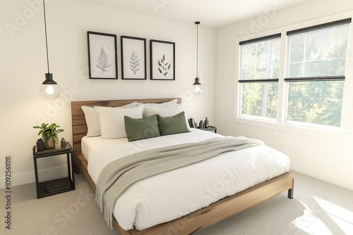 Design a bright and cozy modern farmhouse master bedroom with white walls. The bed features The Driftless Platform Bed Frame with an extra-wide headboard, generative ai