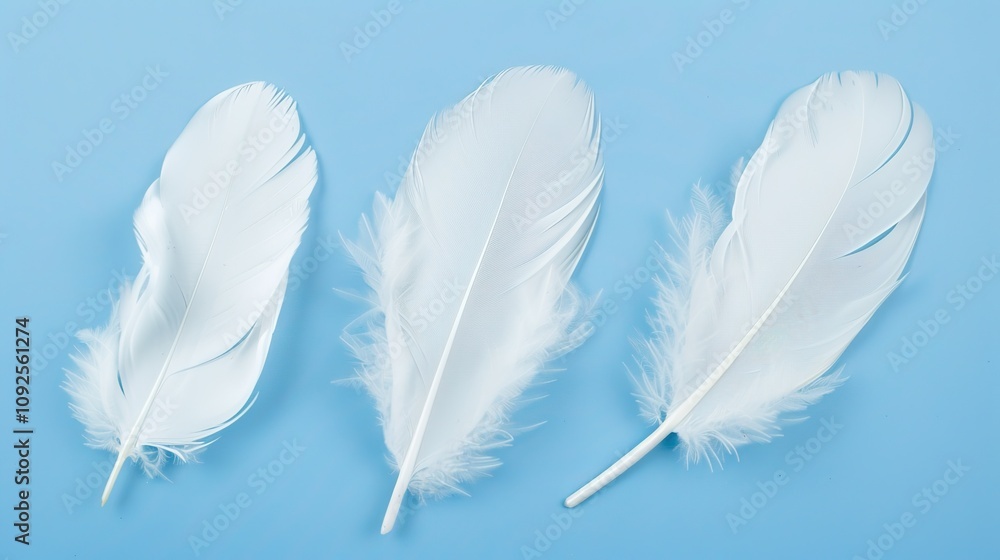Obraz premium Swan Feathers on a Blue Background - a serene and elegant composition. The soft swan feathers contrast beautifully with the calming blue backdrop.