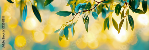 Sunlight filters through vibrant green leaves, creating a warm, tranquil ambiance. The bokeh effect adds a dreamy quality to the scene, enhancing the natural beauty