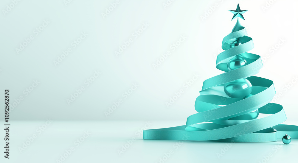 Modern abstract Christmas tree design featuring teal ribbon and ornaments, with a star topper, set on a clean white background Modern abstract Christmas tree design featuring teal ribbon and ornaments, with a star topper, set on a clean white background