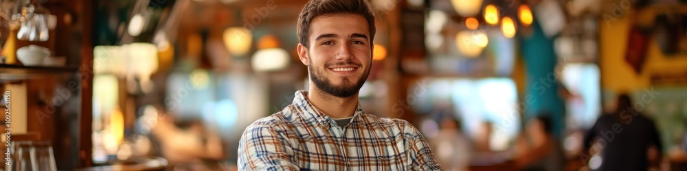 A smiling young man in a casual setting, likely a restaurant or café. A smiling young man in a casual setting, likely a restaurant or café.