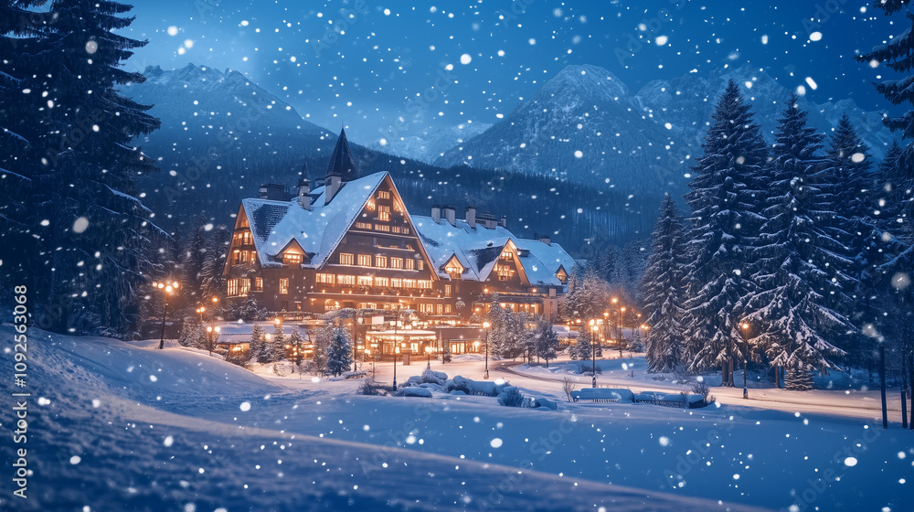 Luxury Mountain Hotel Amid Snowfall in a Winter Wonderland Luxury Mountain Hotel Amid Snowfall in a Winter Wonderland