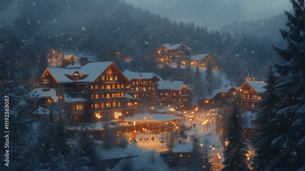 Obraz premium Beautiful winter resort surrounded by snow-covered trees, featuring warmly lit lodges and glowing pathways under a magical twilight sky