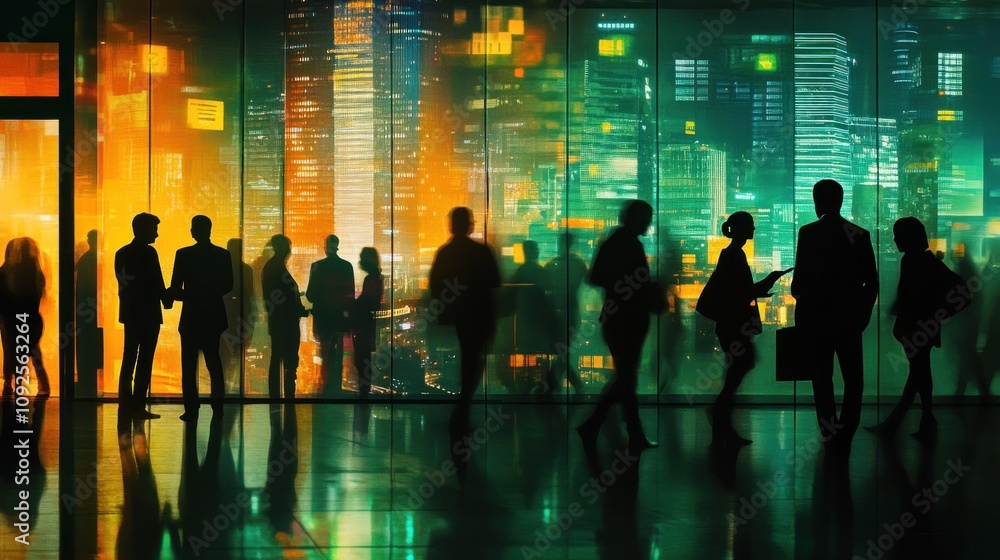 Silhouettes of business professionals against a vibrant city skyline at night. Silhouettes of business professionals against a vibrant city skyline at night.