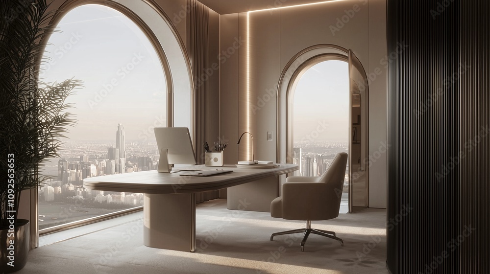 Fototapeta premium Luxurious Executive Office Suite in Private Jet with City View