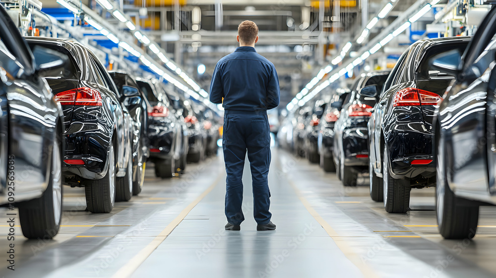 custom made wallpaper toronto digitalA worker stands in an automotive factory, surrounded by rows of parked cars, highlighting modern manufacturing and assembly processes.