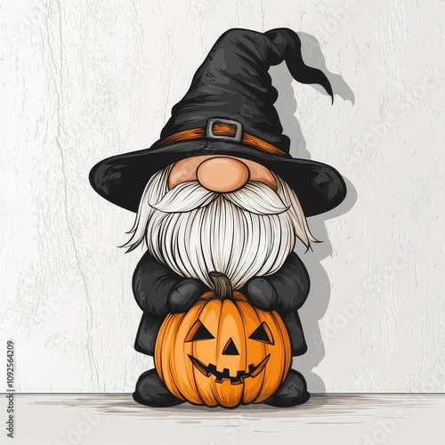 Gnome in witch hat holding pumpkin, using black, orange and white colors only, file design for laser engraving. Clipart isolated on a solid background, with a white color wall behind the gnome photo