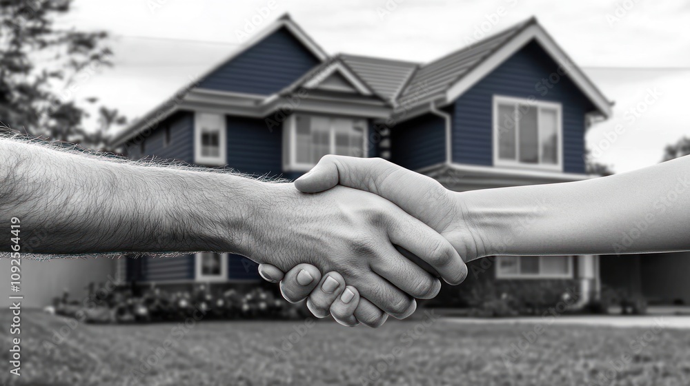 A handshake in front of a house symbolizes agreement or partnership in real estate. A handshake in front of a house symbolizes agreement or partnership in real estate.