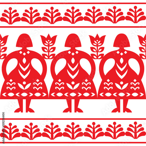 Polish folk art style vector seamless pattern with women and flowers = Kurpiowskie Leluje Wycinanki - Kurpie paper cut outs pattern. Non AI-generated
