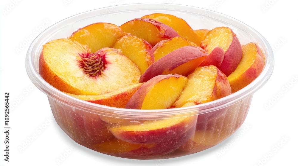 A container of sliced peaches, fresh and ready to eat. A container of sliced peaches, fresh and ready to eat.