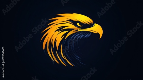 A stylized golden eagle head with a fierce expression against a dark blue background. photo