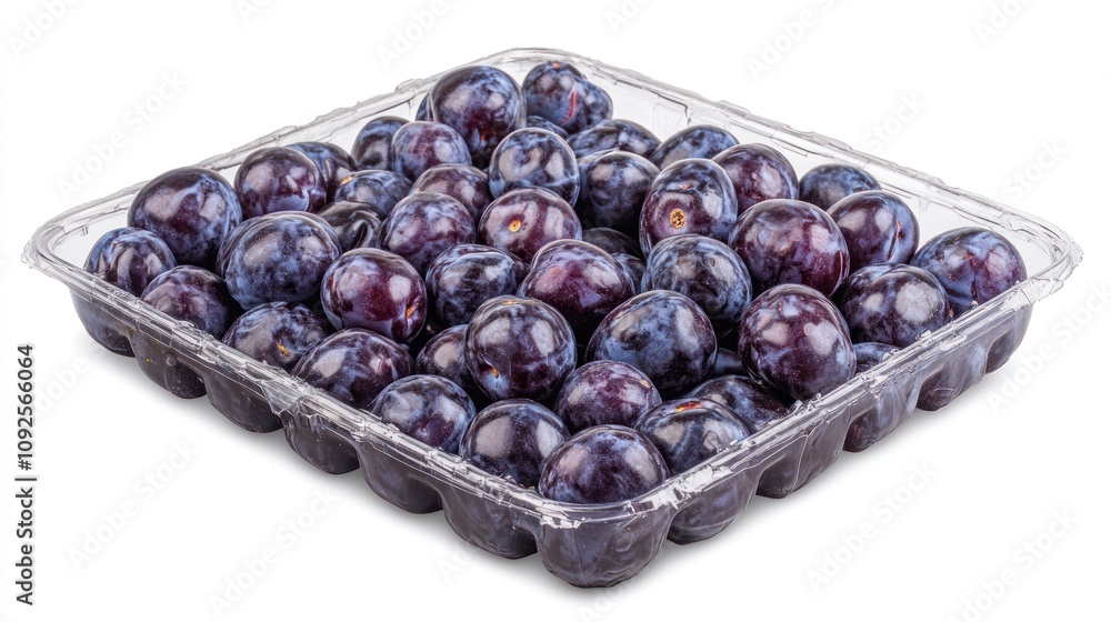 A clear plastic container filled with fresh, ripe plums. A clear plastic container filled with fresh, ripe plums.