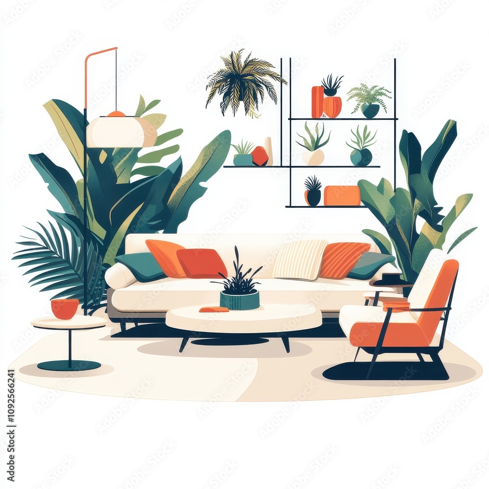 Obraz premium Bright and modern living room featuring vibrant plants and cozy furniture in a tropical-inspired setting.
