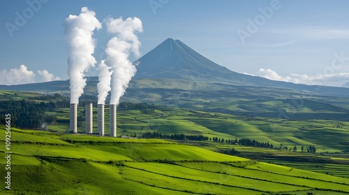 A scenic geothermal plant amidst lush green landscapes and majestic mountain backdrop in daylight. Energy Stock, Renewable, Sustainable Concept photo