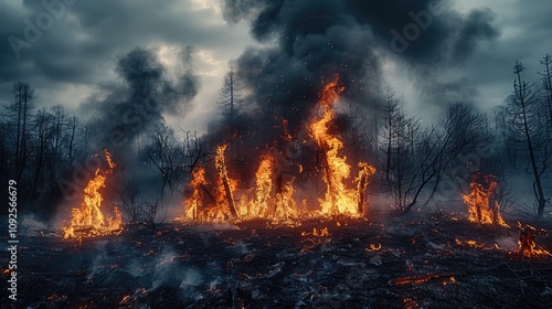 Burning earth, black burnt dead tree trunks, flashes of flame, flying sparks, clouds of smoke cover the trees, gloomy atmosphere of despair, occultism. photo