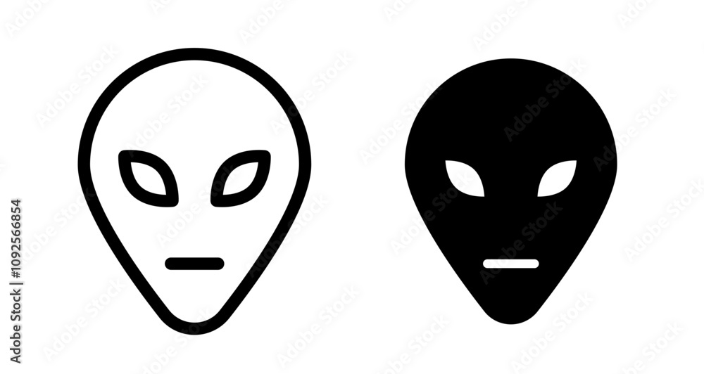 Alien face Icon set in black filled and line. Alien face Icon set in black filled and line.