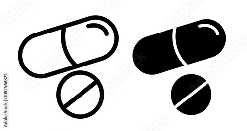 Pills Icon set in black filled and line.