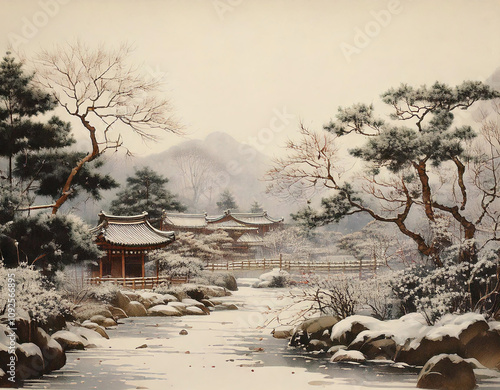 눈 오는 겨울 한국 전통 풍경