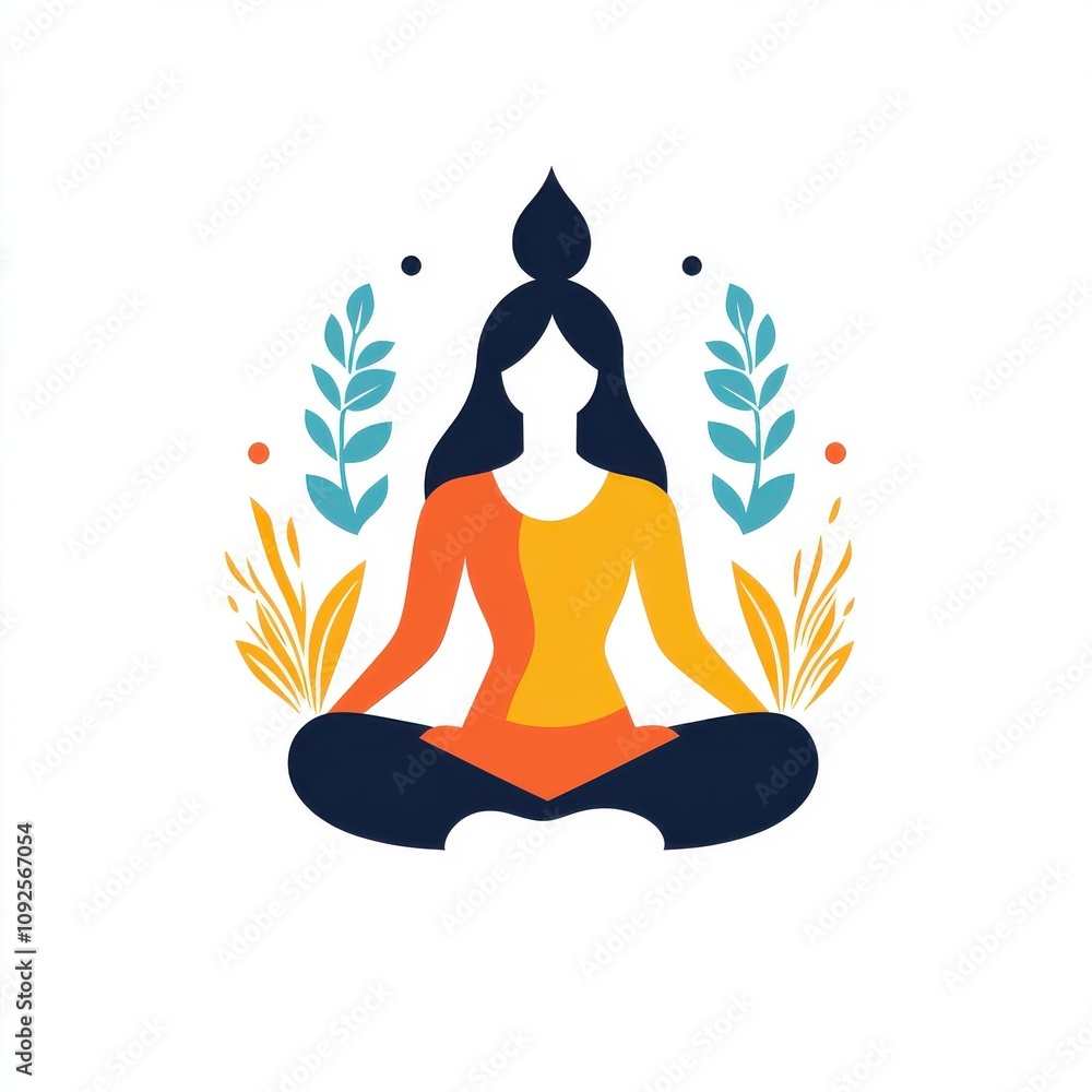 A serene female figure in a vibrant orange and yellow outfit, meditating amidst colorful leaves. A serene female figure in a vibrant orange and yellow outfit, meditating amidst colorful leaves.
