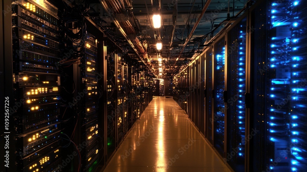 Illuminated Server Room Corridor Showing Network Infrastructure Illuminated Server Room Corridor Showing Network Infrastructure