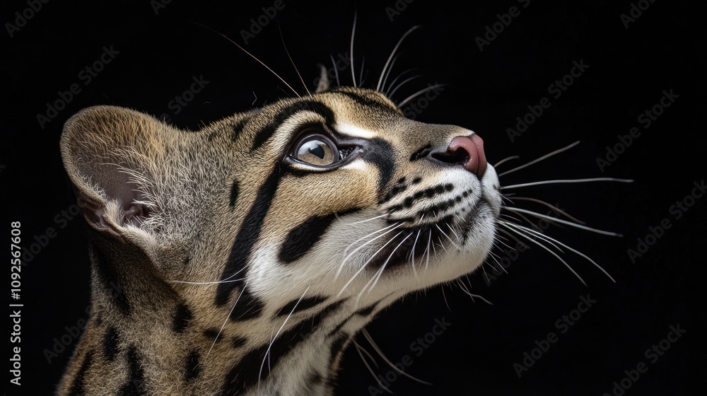 A close-up of an ocelot gazing upwards against a black background. A close-up of an ocelot gazing upwards against a black background.