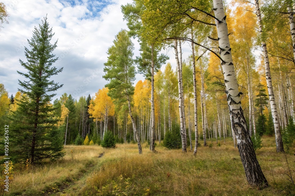Fototapeta premium forest of birch and pine trees with autumn leaves, pine, scenery, leaf