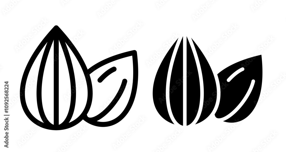 Almond Icon set in black filled and line. Almond Icon set in black filled and line.