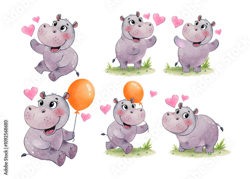 Cute hand drawn Set of hippo illustration with love and heart. Cute baby character for print DTF T-Shirt, postcard and invitation